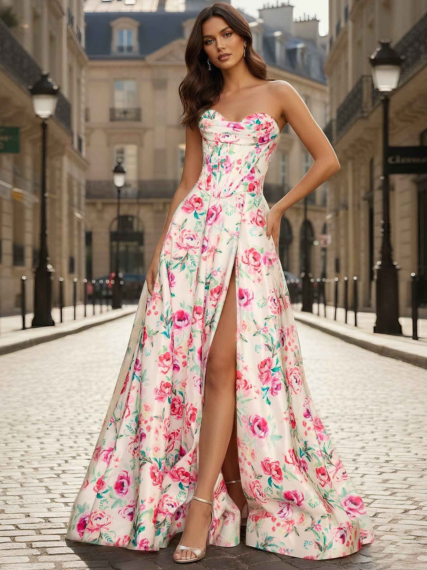 Pink Floral A Line Strapless Corset Prom Dress With Sweetheart Neckline