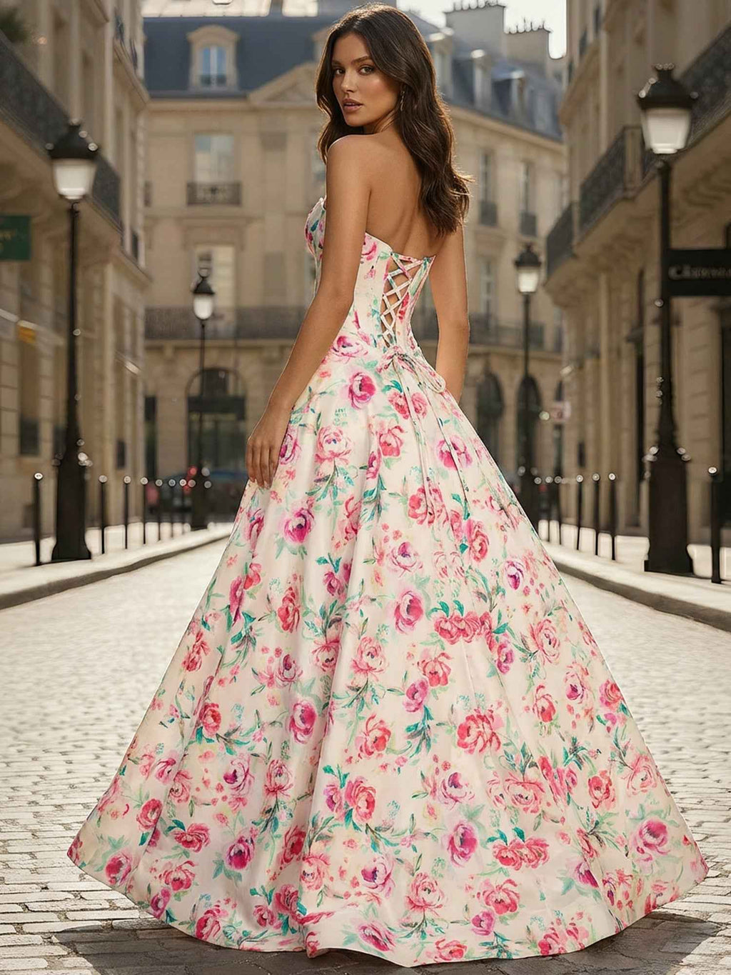 Pink Floral A Line Strapless Corset Prom Dress With Sweetheart Neckline
