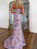 Pink Floral Brocade Strapless Prom Dress With Gold Metallic Accents