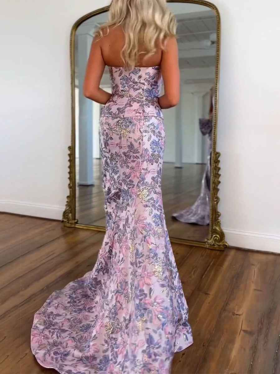 Pink Floral Brocade Strapless Prom Dress With Gold Metallic Accents