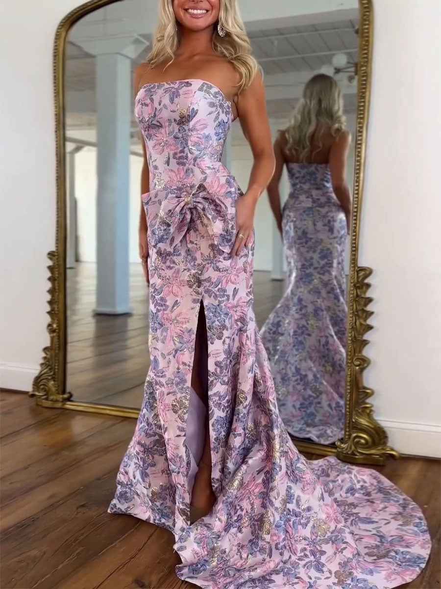 Pink Floral Brocade Strapless Prom Dress With Gold Metallic Accents