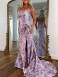 Pink Floral Brocade Strapless Prom Dress With Gold Metallic Accents