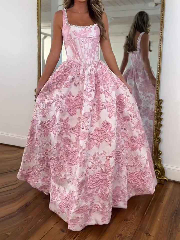 Pink Floral Brocade Pearl Long Corset Ball Gown Prom Dress