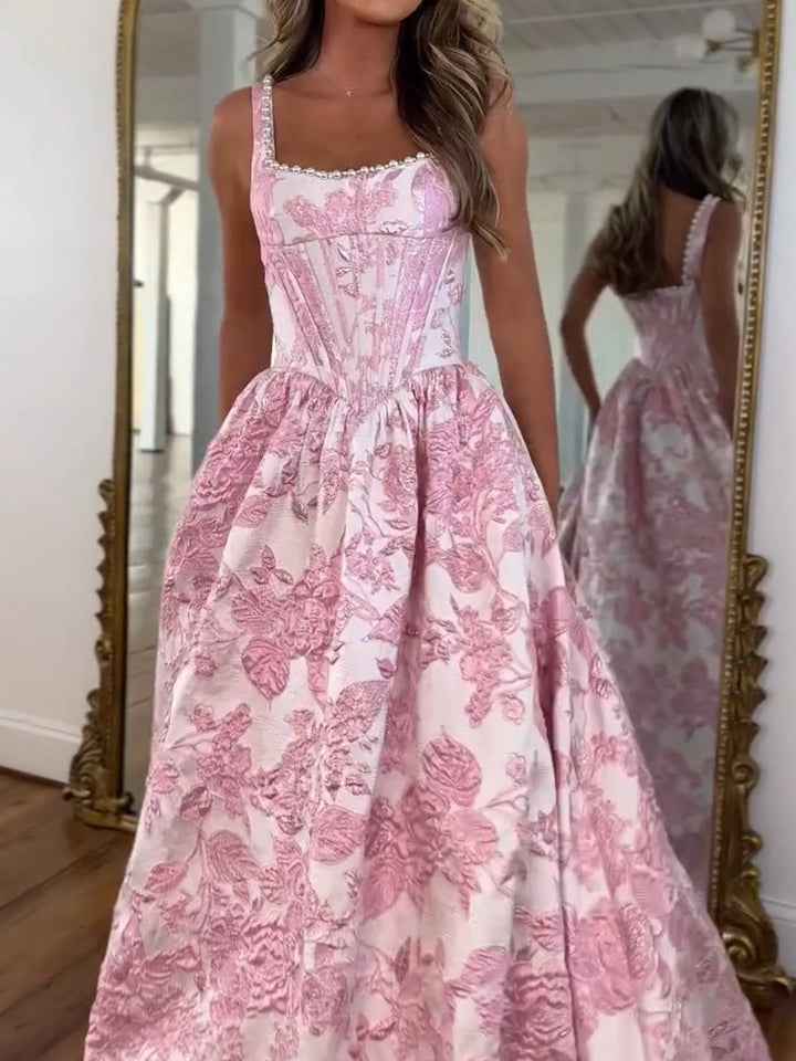 Pink Floral Brocade Pearl Long Corset Ball Gown Prom Dress