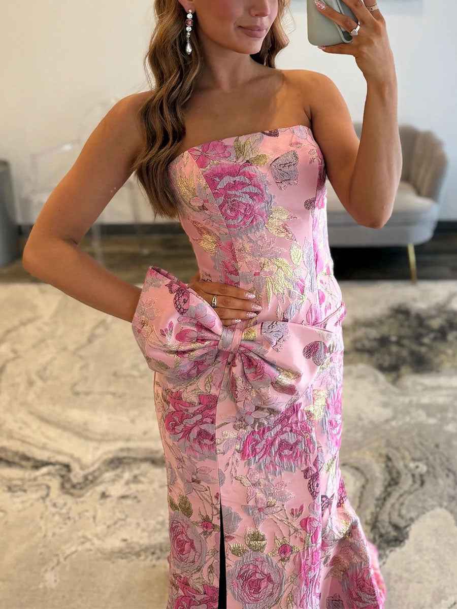 Pink Floral Brocade Strapless Oversized Bow Prom Dress With High Slit