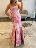 Pink Floral Brocade Strapless Oversized Bow Prom Dress With High Slit