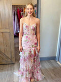 Pink Floral Embroidered Corset Prom Dress With Tiered Ruffles
