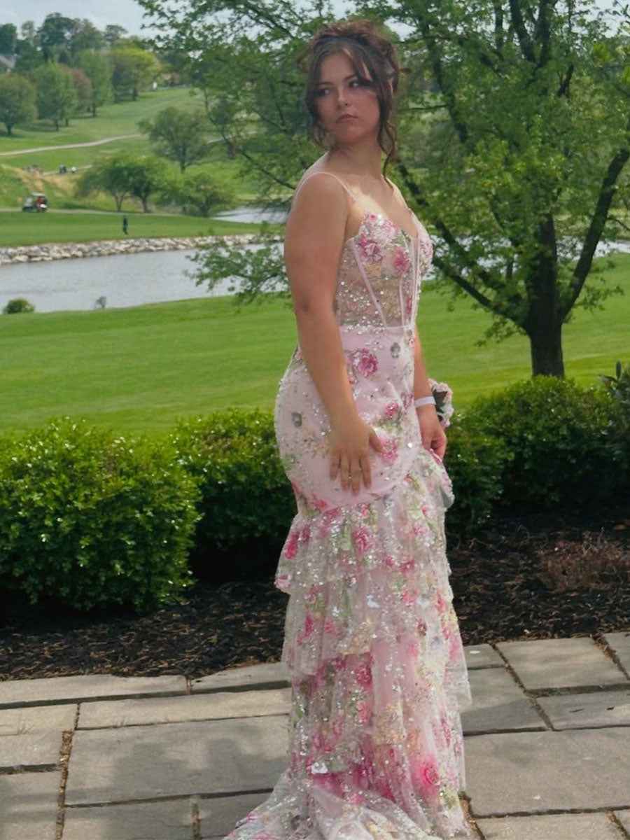 Pink Floral Embroidered Corset Prom Dress With Tiered Ruffles