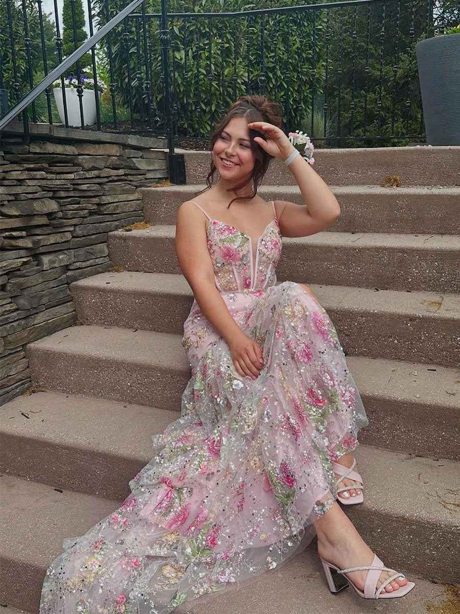 Pink Floral Embroidered Corset Prom Dress With Tiered Ruffles
