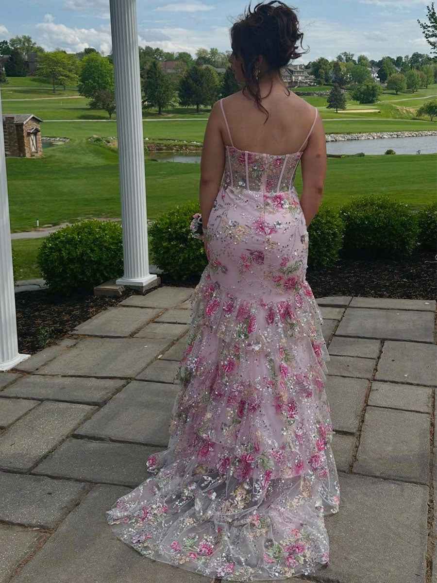 Pink Floral Embroidered Corset Prom Dress With Tiered Ruffles