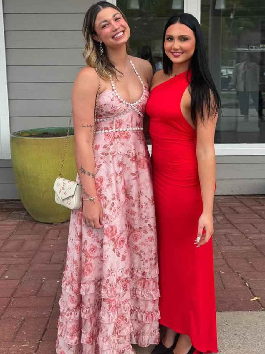 Pink Floral Halter Corset Ruffled Long Prom Dress With High Slit