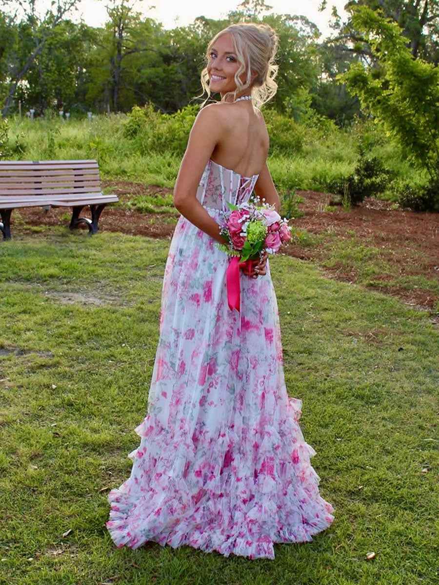 Pink Floral Halter Corset Long Prom Dress With Slit And Ruffles