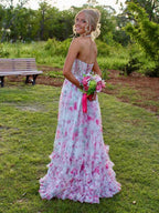 Pink Floral Halter Corset Long Prom Dress With Slit And Ruffles