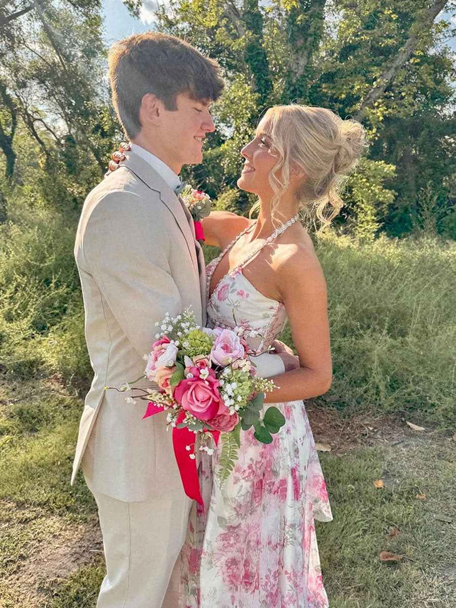 Pink Floral Halter Corset Long Prom Dress With Slit And Ruffles