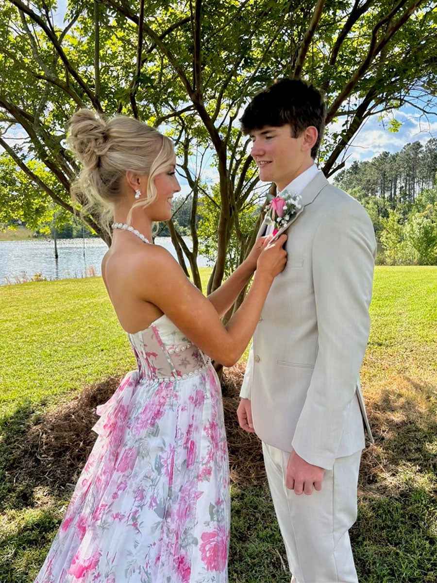 Pink Floral Halter Corset Long Prom Dress With Slit And Ruffles
