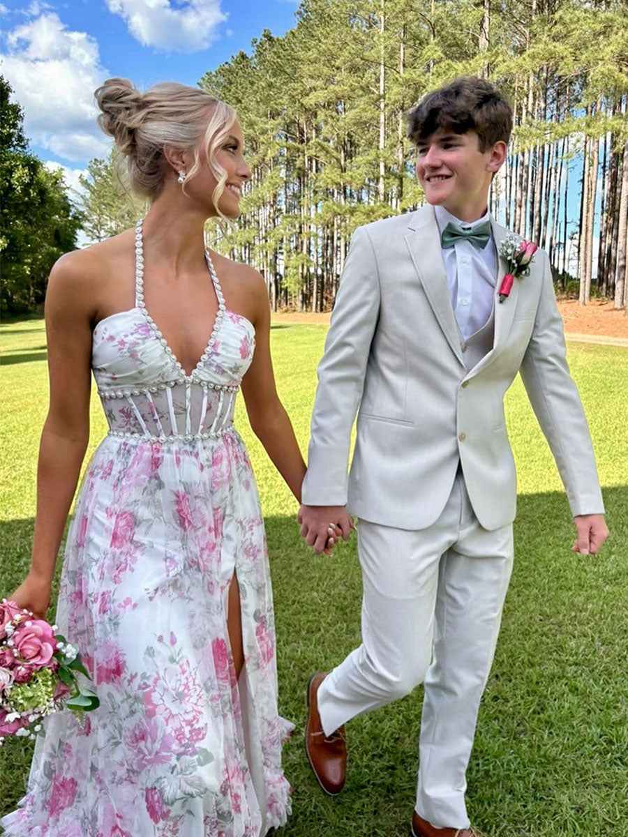Pink Floral Halter Corset Long Prom Dress With Slit And Ruffles