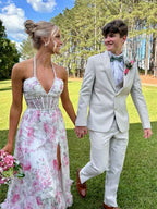 Pink Floral Halter Corset Long Prom Dress With Slit And Ruffles