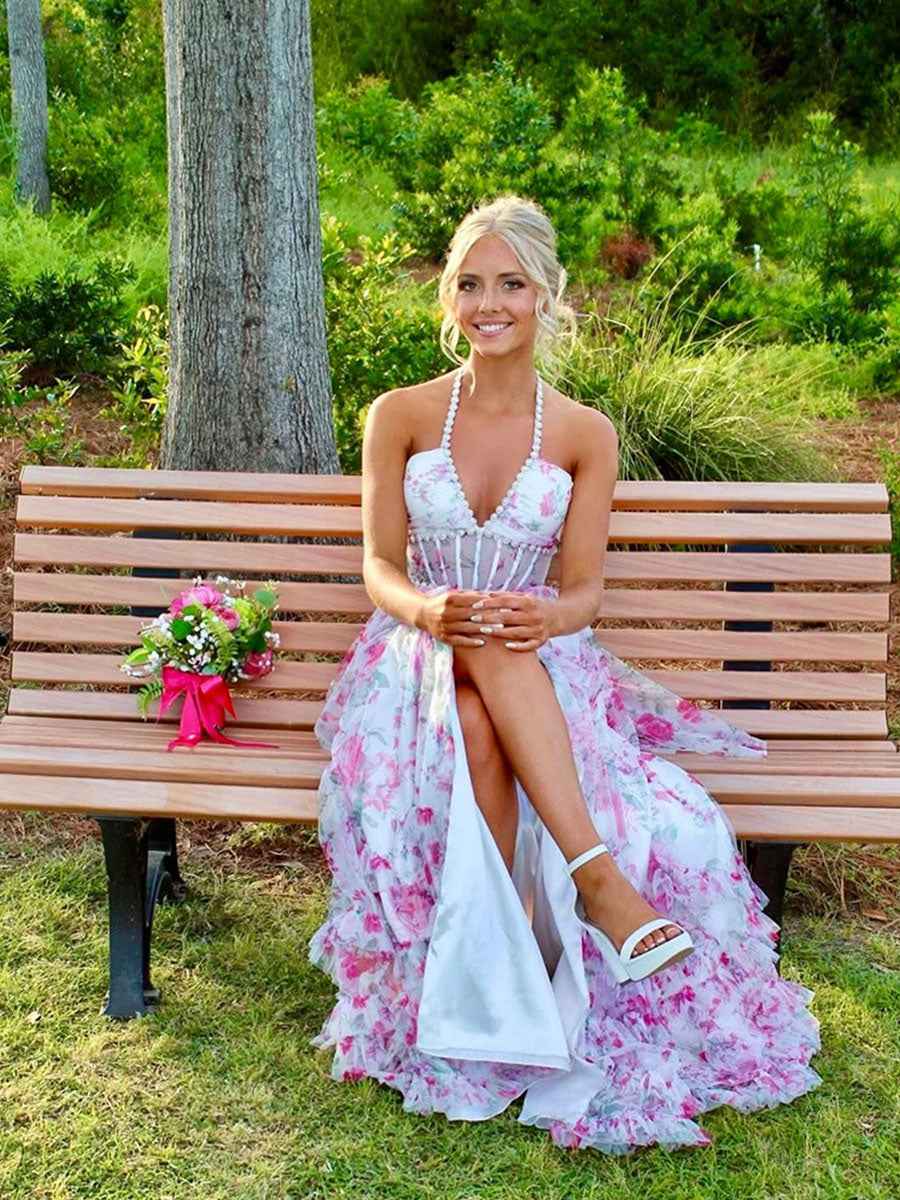 Pink Floral Halter Corset Long Prom Dress With Slit And Ruffles