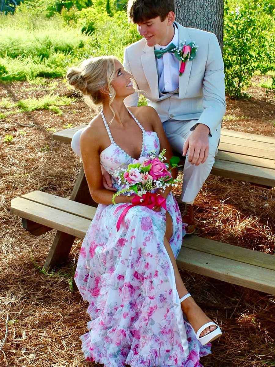 Pink Floral Halter Corset Long Prom Dress With Slit And Ruffles
