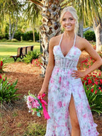 Pink Floral Halter Corset Long Prom Dress With Slit And Ruffles