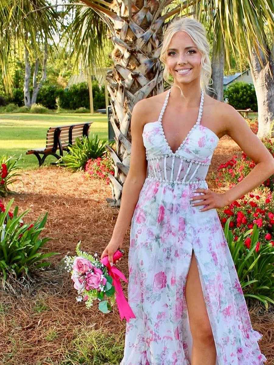 Pink Floral Halter Corset Long Prom Dress With Slit And Ruffles