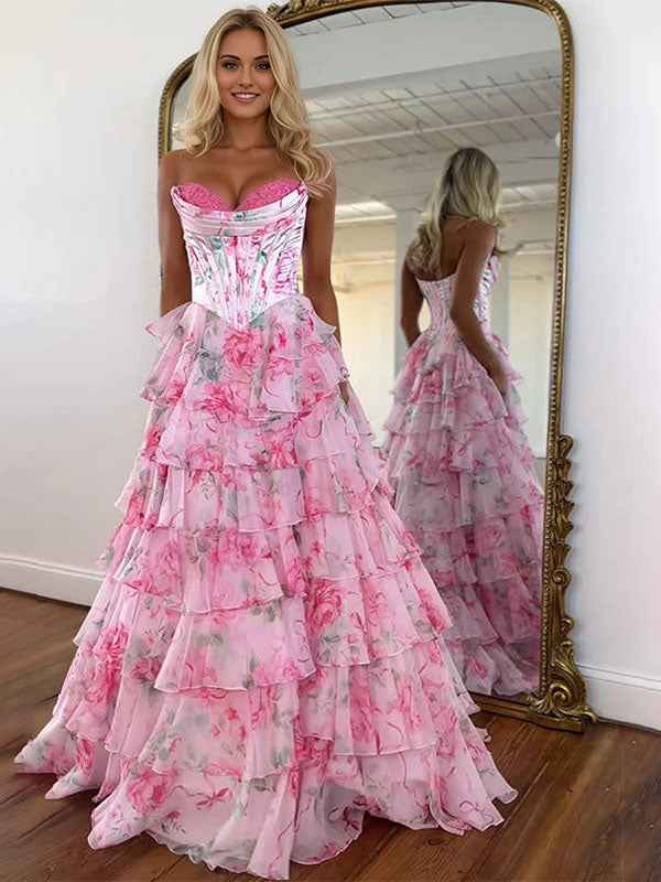 Pink Floral Ruffled Tiered Corset Long Prom Dress With Slit