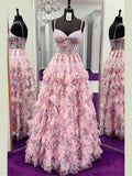 Pink Floral Ruffled Tulle Corset Prom Dress With Pearl Accents