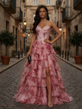 Pink Floral Strapless Chiffon Prom Dress With Corset Bodice Ruffle Slit