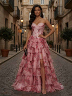 Pink Floral Strapless Chiffon Prom Dress With Corset Bodice Ruffle Slit