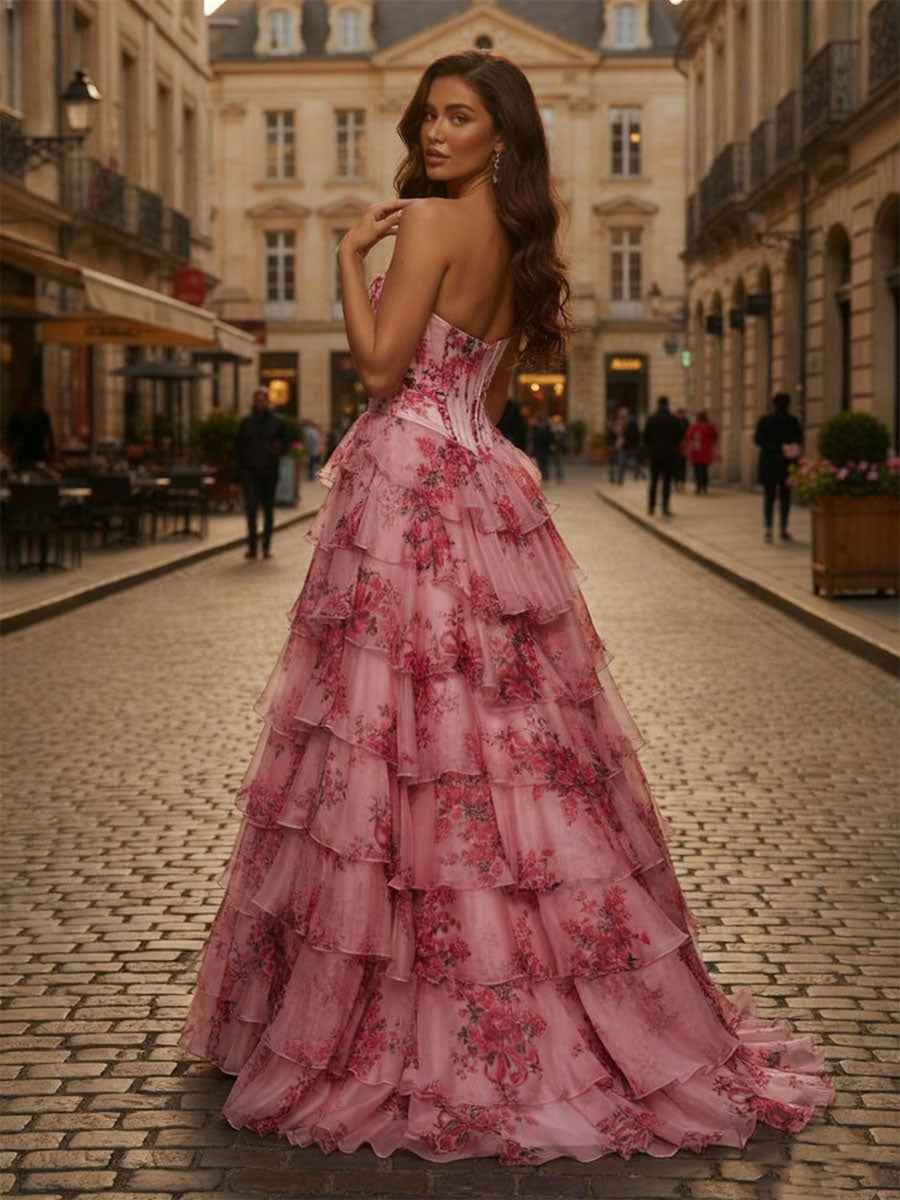 Pink Floral Strapless Chiffon Prom Dress With Corset Bodice Ruffle Slit