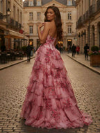 Pink Floral Strapless Chiffon Prom Dress With Corset Bodice Ruffle Slit