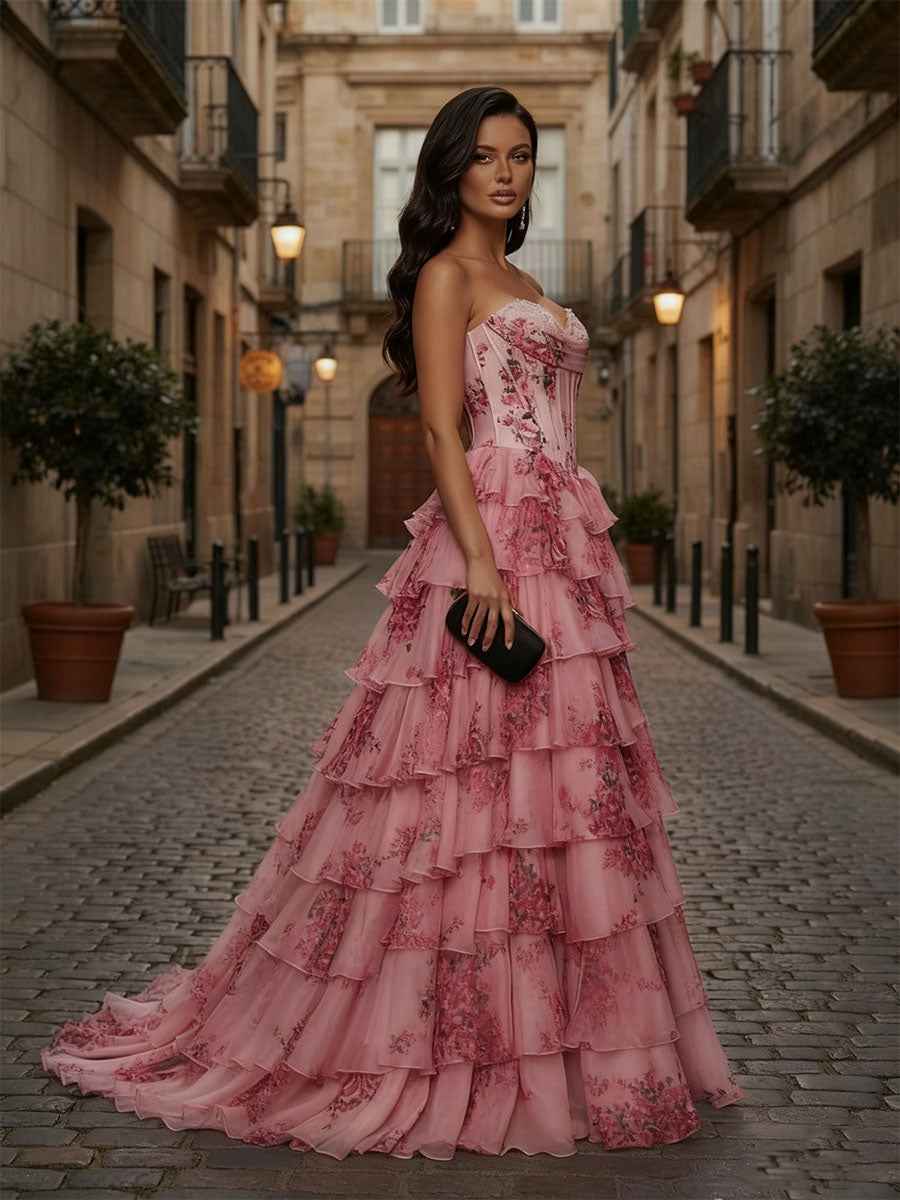 Pink Floral Strapless Chiffon Prom Dress With Corset Bodice Ruffle Slit