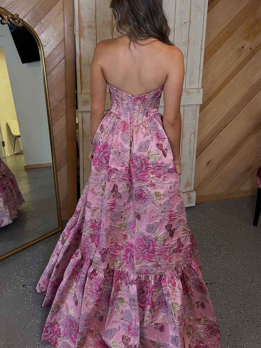 Pink Floral Strapless Jacquard Corset A Line Prom Dress