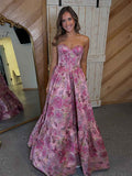 Pink Floral Strapless Jacquard Corset A Line Prom Dress