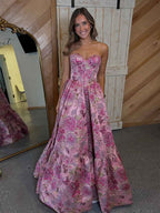 Pink Floral Strapless Jacquard Corset A Line Prom Dress