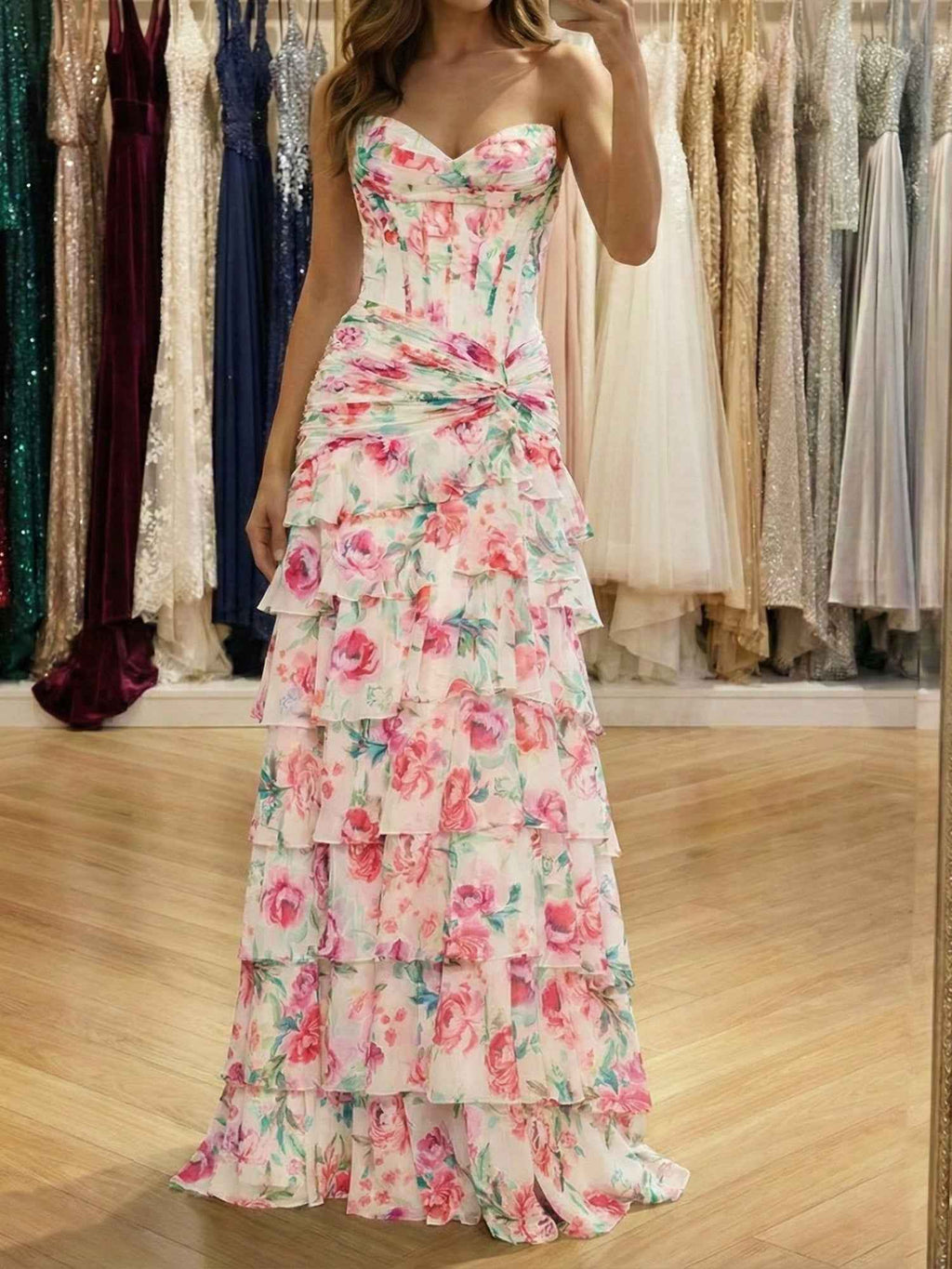 Pink Floral Strapless Sweetheart Corset Prom Dress