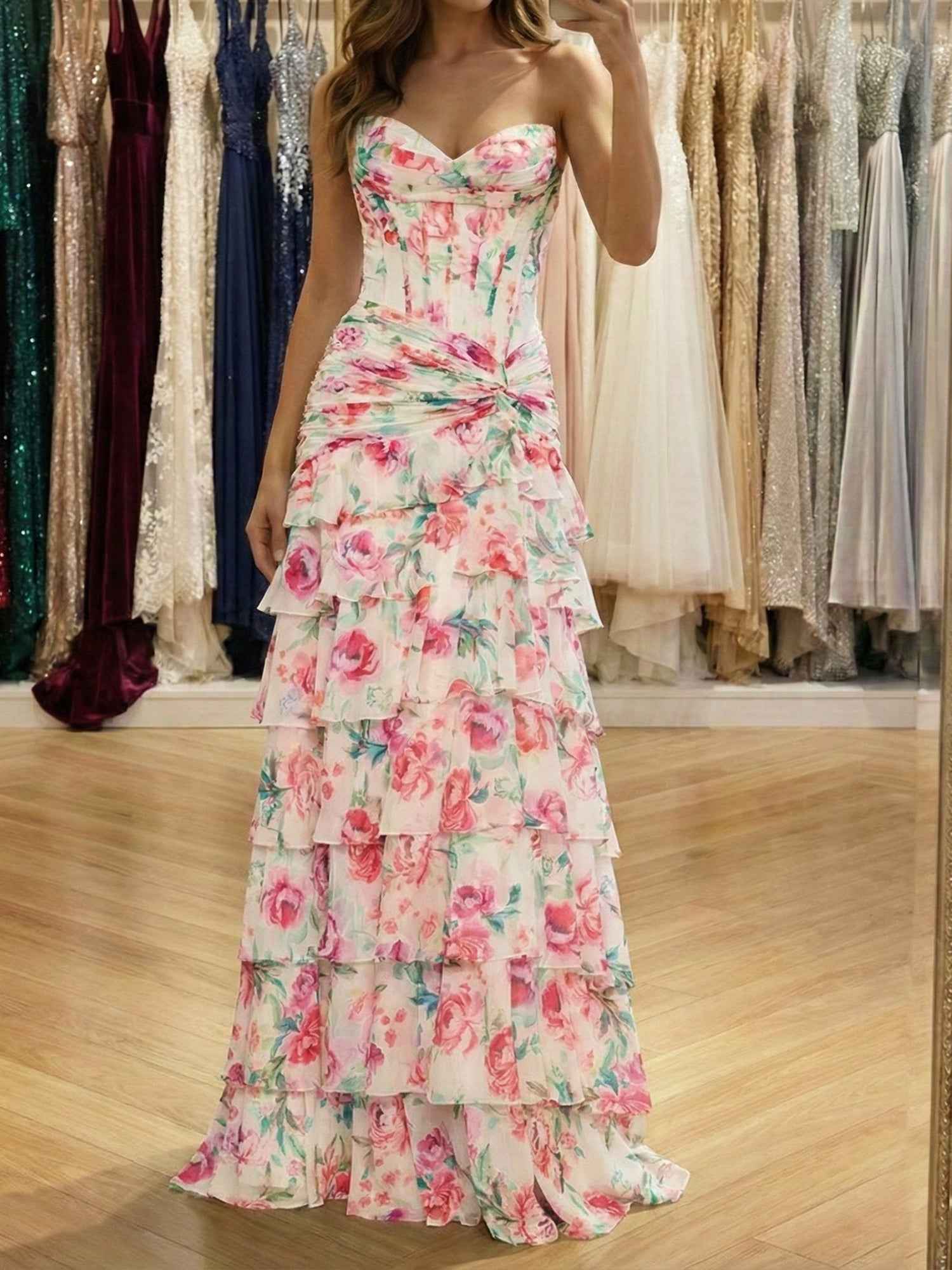 Pink Floral Strapless Sweetheart Corset Prom Dress