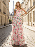 Pink Floral Strapless Sweetheart Corset Prom Dress