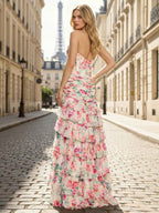 Pink Floral Strapless Sweetheart Corset Prom Dress