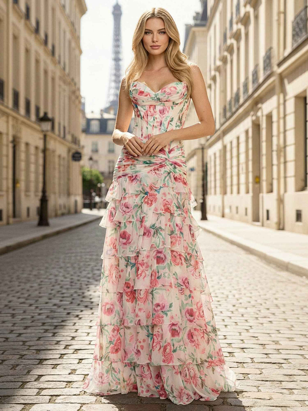 Pink Floral Strapless Sweetheart Corset Prom Dress