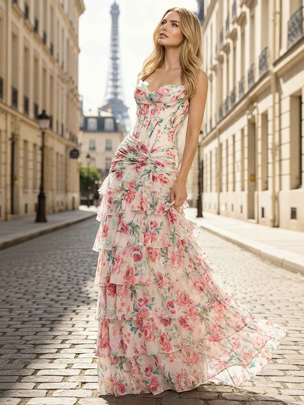 Pink Floral Strapless Sweetheart Corset Prom Dress