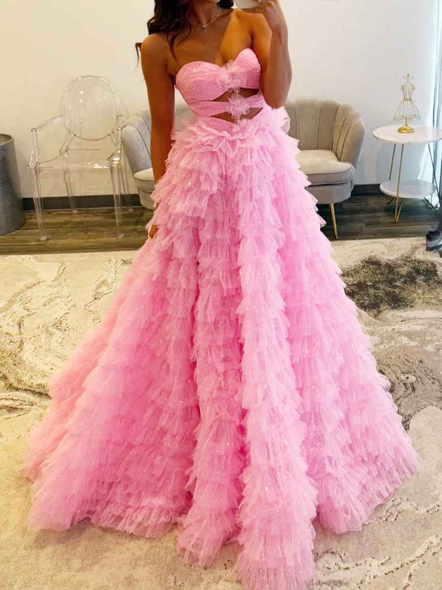 Pink Glitter Tulle Prom Dress With Front Cutouts And Ruffles