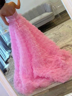 Pink Glitter Tulle Prom Dress With Front Cutouts And Ruffles
