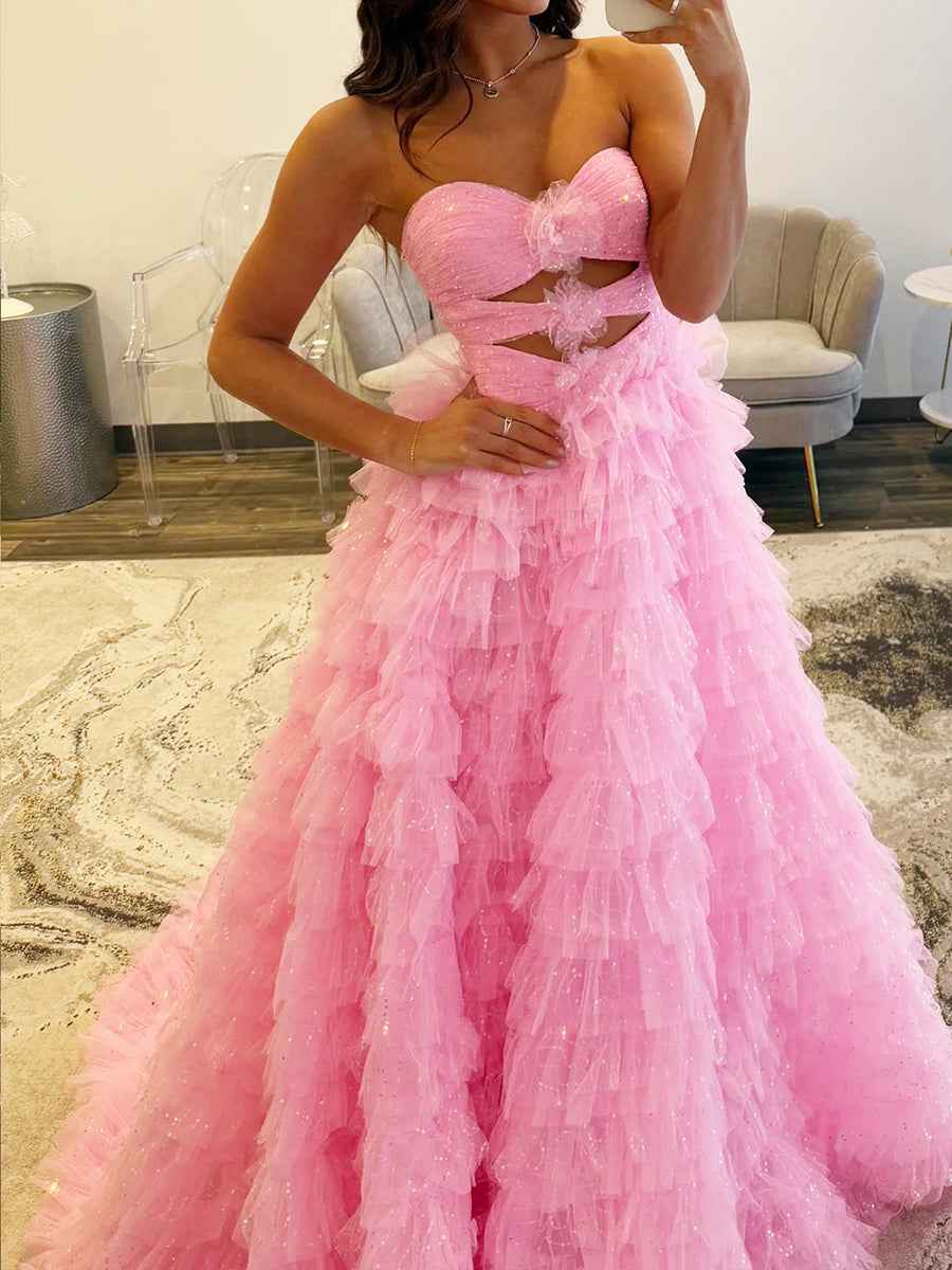 Pink Glitter Tulle Prom Dress With Front Cutouts And Ruffles