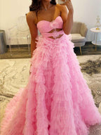 Pink Glitter Tulle Prom Dress With Front Cutouts And Ruffles