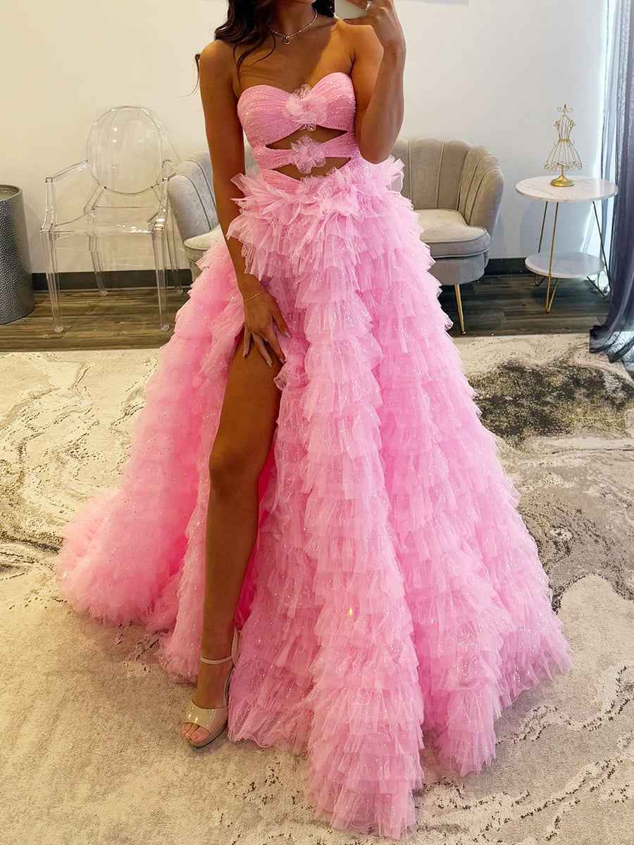 Pink Glitter Tulle Prom Dress With Front Cutouts And Ruffles