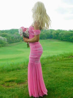Pink Mermaid Prom Dress Off Shoulder Sweetheart Bodice With Long Tulle Pleats