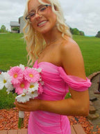 Pink Mermaid Prom Dress Off Shoulder Sweetheart Bodice With Long Tulle Pleats