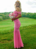 Pink Mermaid Prom Dress Off Shoulder Sweetheart Bodice With Long Tulle Pleats