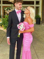 Pink Mermaid Prom Dress Off Shoulder Sweetheart Bodice With Long Tulle Pleats